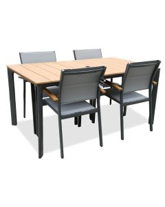 Terassikalustesetti neljälle, 90x158cm nonwood-kantinen pöytä ja neljä pinottavaa tuolia. Harmaat alumiinirungot, tuoleissa harmaa textline istuinosa. Pöydän kansi sekä tuolien käsinojat puun väristä nonwoodia.