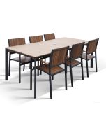 West terassipöytä 100x208cm, puunvärisellä nonwood kannella ja harmaalla alumiinirungolla. 6 kpl terassituoleja harmalla alumiinirungolla sekä puun värisillä nonwood-säleillä.
